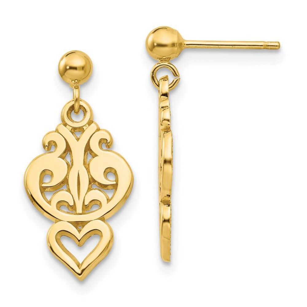 Small Filigree Heart Dangle Post Earrings in 14k Yellow Gold